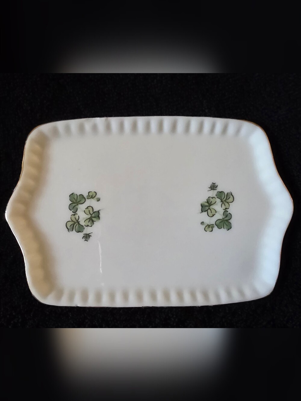 Vintage Lefton China Shamrock Trinket Dish Green Clover Gold Trim Japan